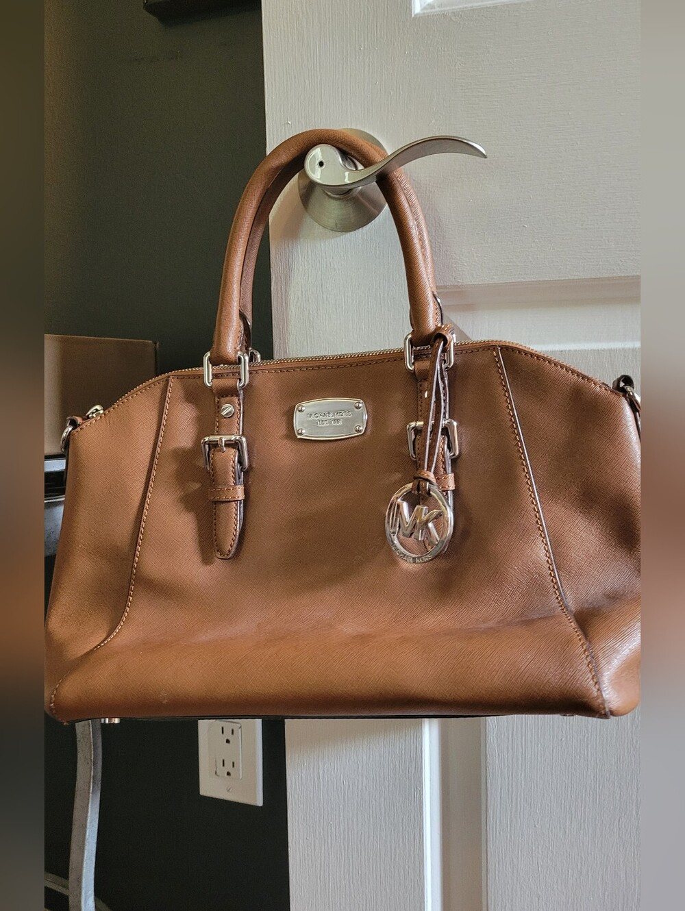 Michael Kors Ciara Tan Leather Satchel with MK Charm